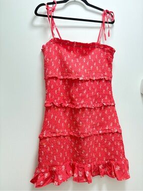 American Eagle Coral Pink Smocked Floral Dress Cottagecore Homestead Beach Coast